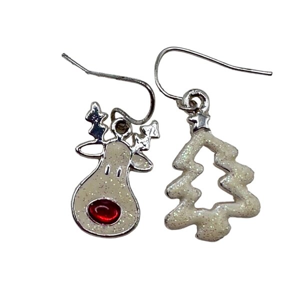 Earrings Women Christmas Holiday Reindeer & Tree Earrings Dangle Silver Tone - Picture 2 of 8
